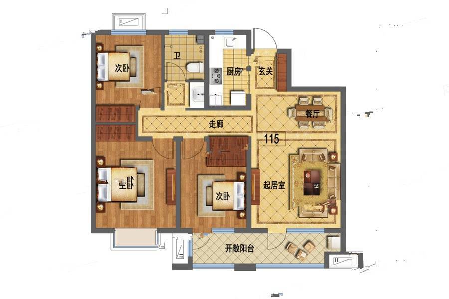 涌鸿观澜3室2厅1卫115㎡户型图