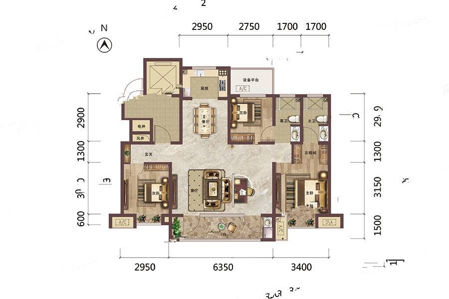 绿地柏仕晶舍3室2厅2卫126㎡户型图