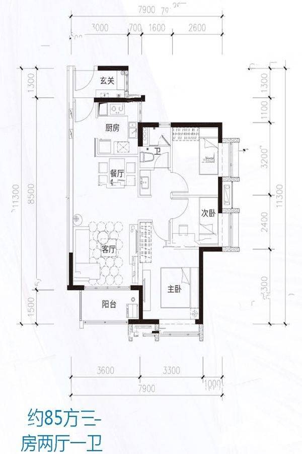 时代水岸3室2厅1卫85㎡户型图