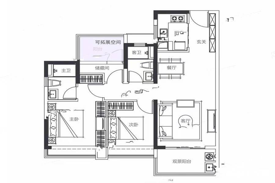 鹏瑞华发四季尚璟3室2厅2卫95㎡户型图