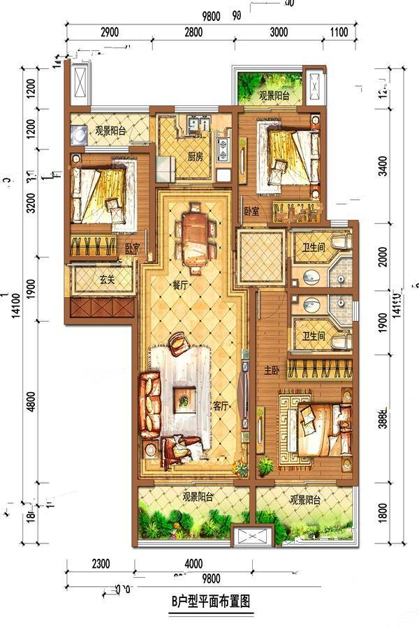 信达源著3室2厅2卫128.9㎡户型图