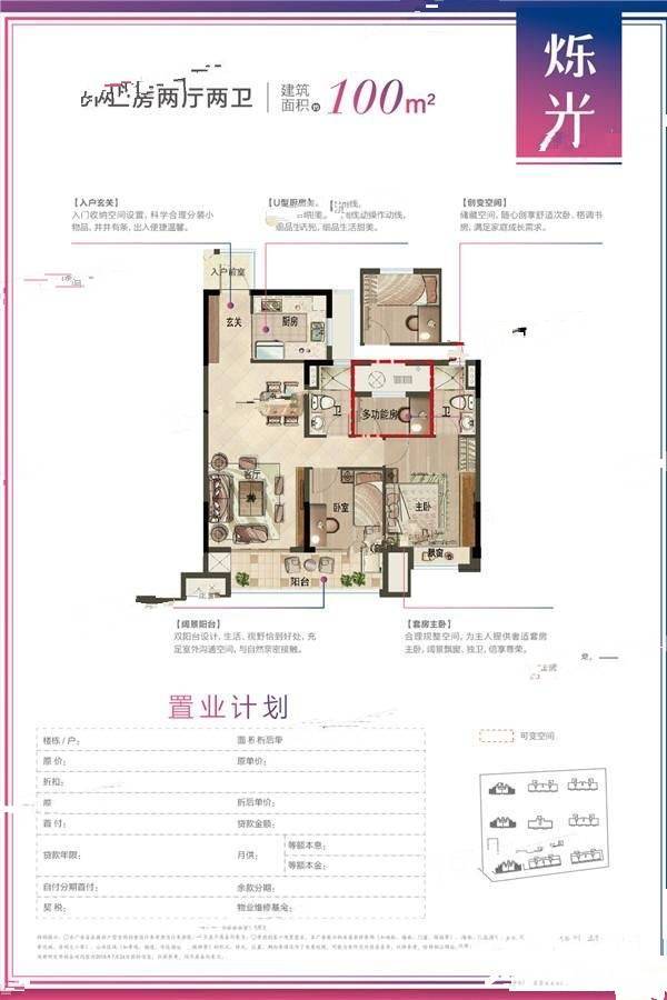 碧桂园城市之光3室2厅2卫100㎡户型图