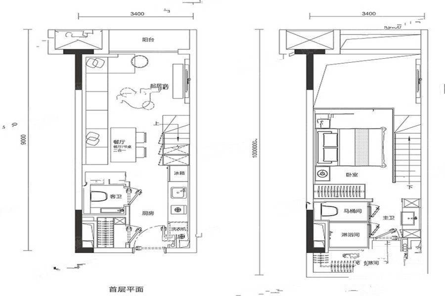 广州国际空港中心（商业）2室1厅2卫45㎡户型图