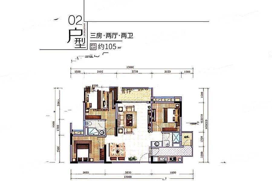 珠光云岭湖(商用)3室2厅2卫105㎡户型图