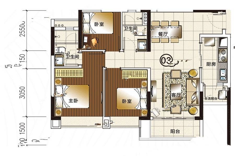 叠溪花园臻院3室2厅2卫89㎡户型图