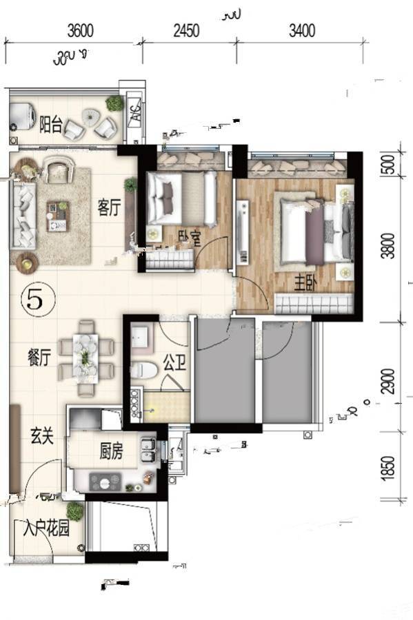 中海亚运城2室2厅1卫89㎡户型图