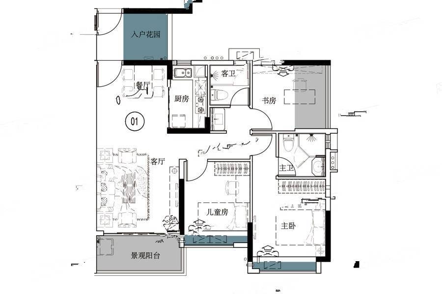 越秀东坡3室2厅2卫95㎡户型图