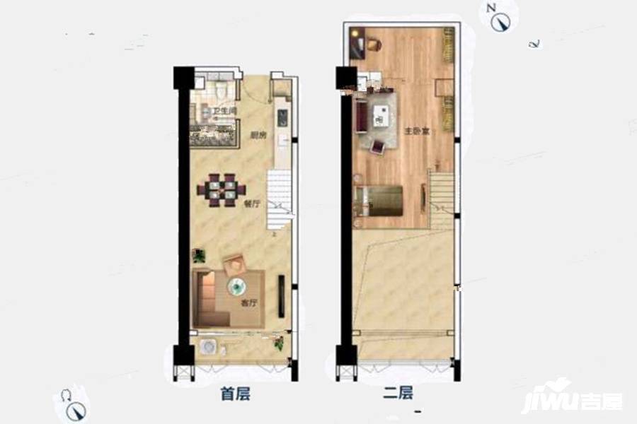 富力天海湾(商业)1室2厅1卫58㎡户型图