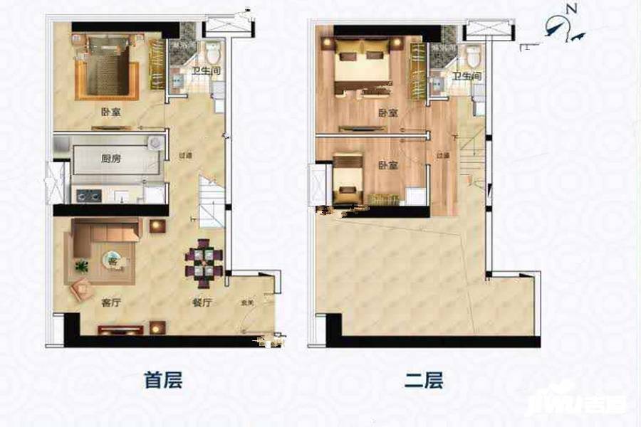 富力天海湾(商业)3室2厅2卫90㎡户型图