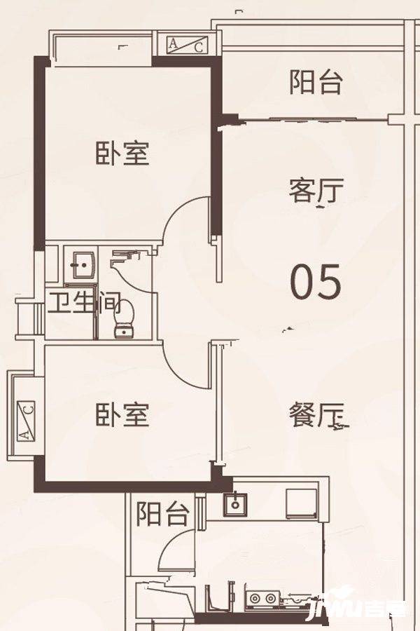 悦江上品2室2厅1卫80.1㎡户型图