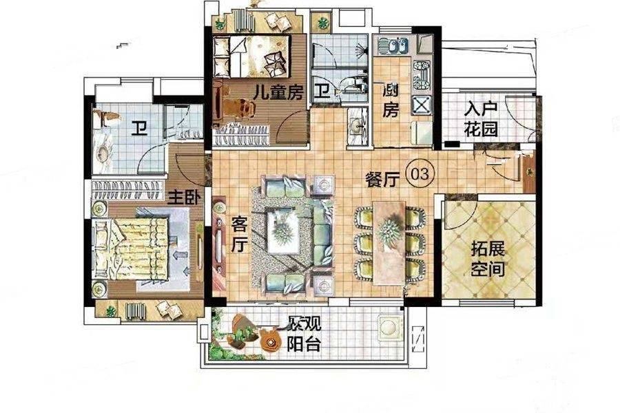 越秀滨海新城2室2厅2卫91㎡户型图