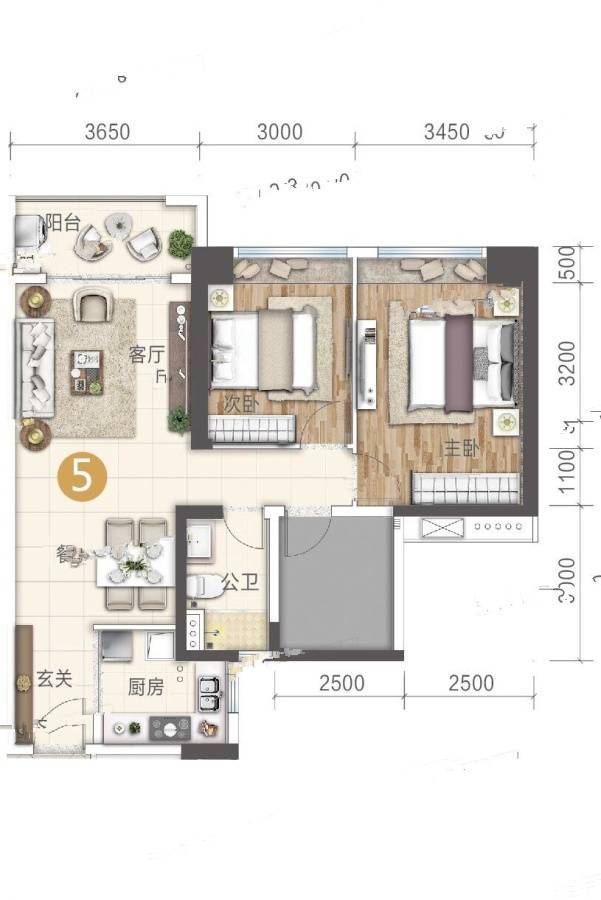 中海亚运城2室2厅1卫89㎡户型图