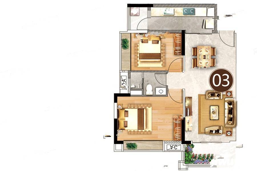 广地花园观灏2室2厅1卫78㎡户型图