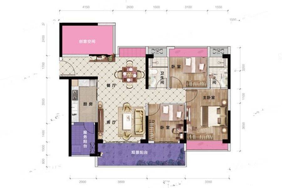 幸福丽舍3室2厅2卫111㎡户型图