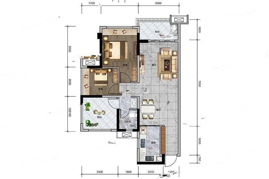 远洋城2室2厅1卫88㎡户型图