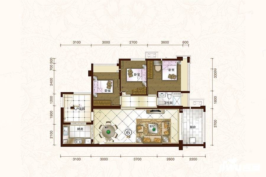 安康金海湾二期3室2厅1卫109㎡户型图