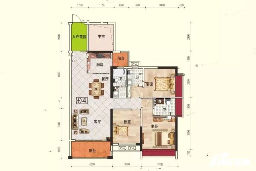 嘉豪城市花园3室2厅3卫127.1㎡户型图