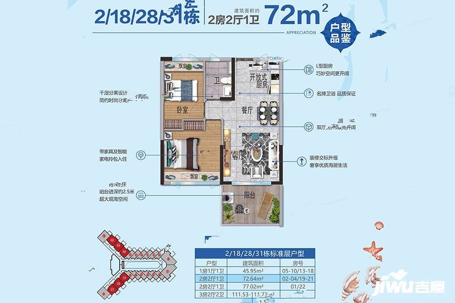 鼎龙湾国际海洋度假区2室2厅1卫72㎡户型图