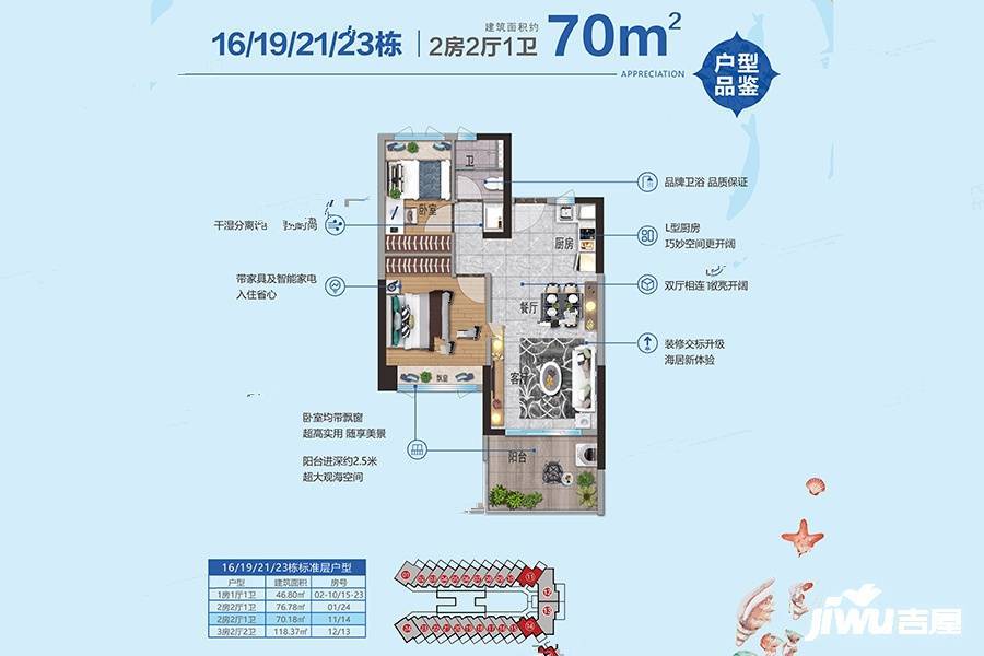 鼎龙湾国际海洋度假区2室2厅1卫70㎡户型图