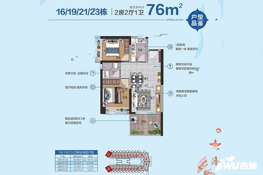 鼎龙湾国际海洋度假区2室2厅1卫76㎡户型图