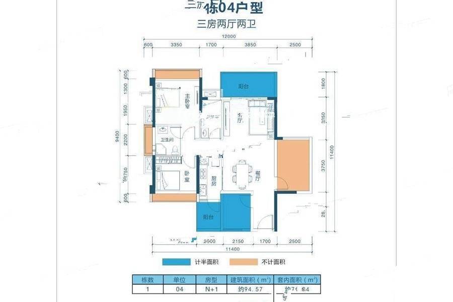 培华雅居3室2厅2卫94.6㎡户型图