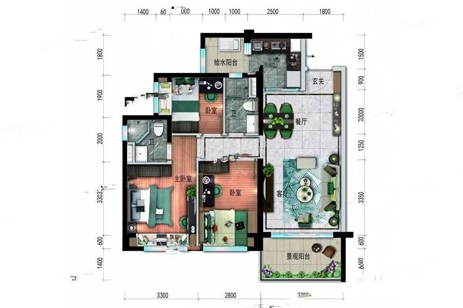 廉江碧桂园君悦华庭3室2厅2卫98㎡户型图