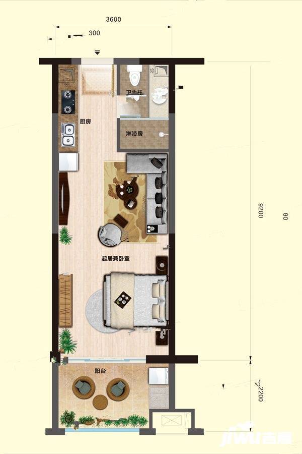 翡翠湾玥珑雅筑1室1厅1卫45.1㎡户型图