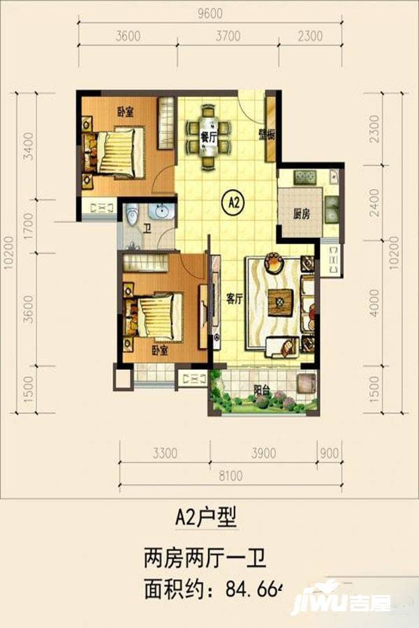 书香世家2室2厅1卫84.7㎡户型图