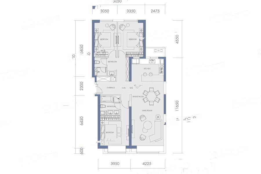 富力国金中心3室2厅2卫171.7㎡户型图