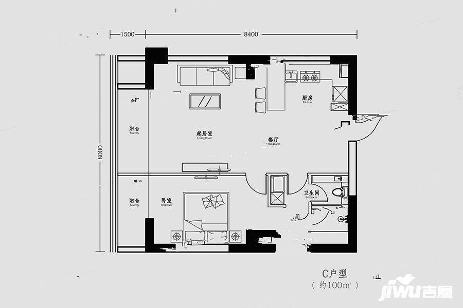 市府和鸿广场1室2厅1卫100㎡户型图