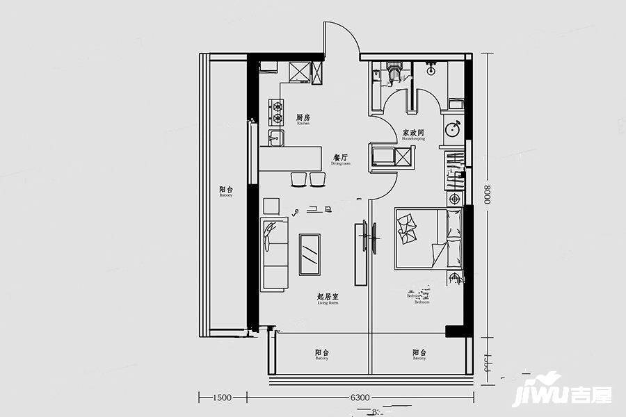 市府和鸿广场1室2厅1卫78㎡户型图