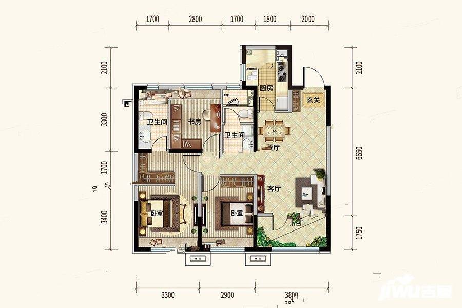 中粮锦云天城3室2厅2卫105㎡户型图