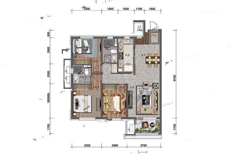 中海城和颂3室2厅2卫110㎡户型图