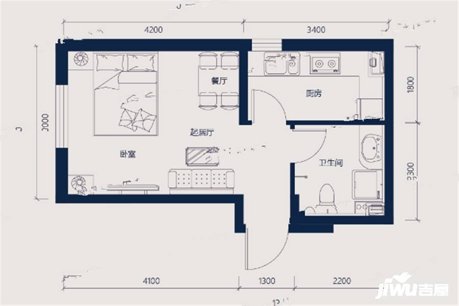 玉祥明居1室2厅1卫41.8㎡户型图