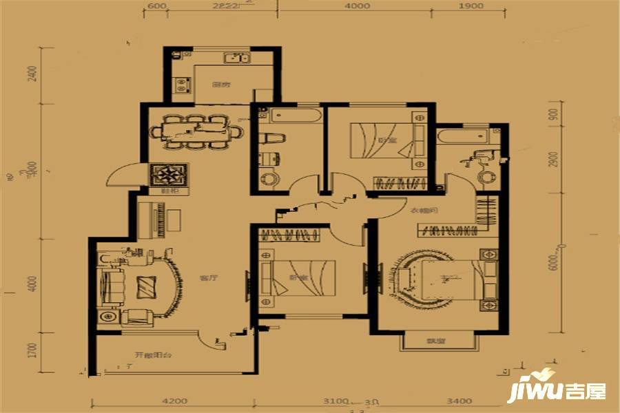 玉祥明居3室2厅2卫122.2㎡户型图