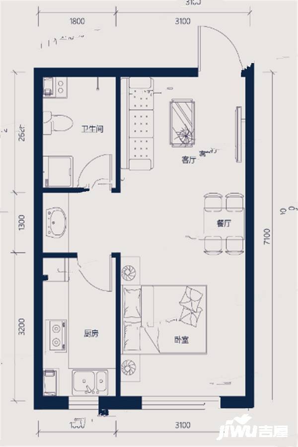 玉祥明居1室2厅1卫49.5㎡户型图