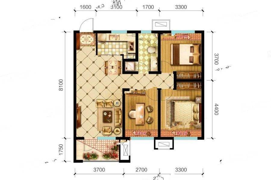 荣盛锦绣天地3室2厅1卫100㎡户型图