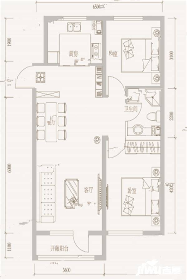 玉祥明居2室2厅1卫83.5㎡户型图