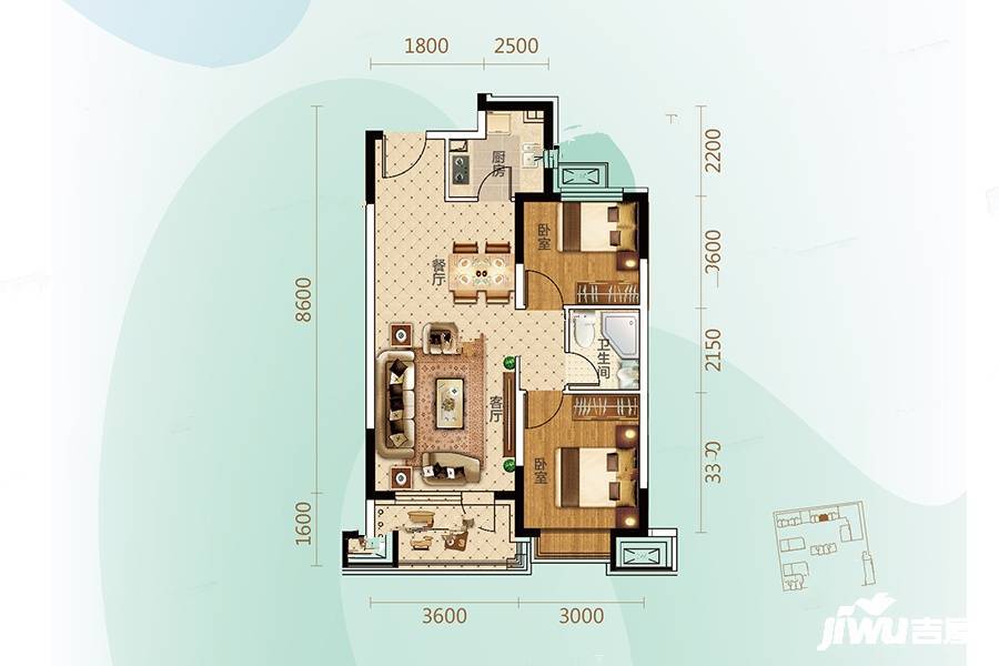 奥园会展广场住宅2室2厅1卫82㎡户型图