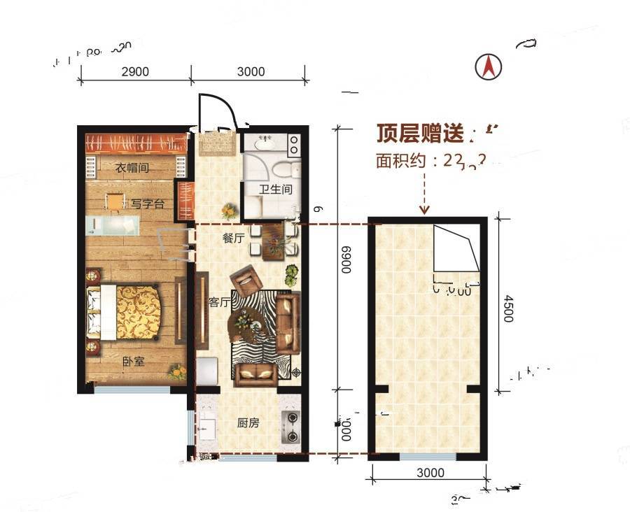 和平上河城1室1厅1卫57.4㎡户型图