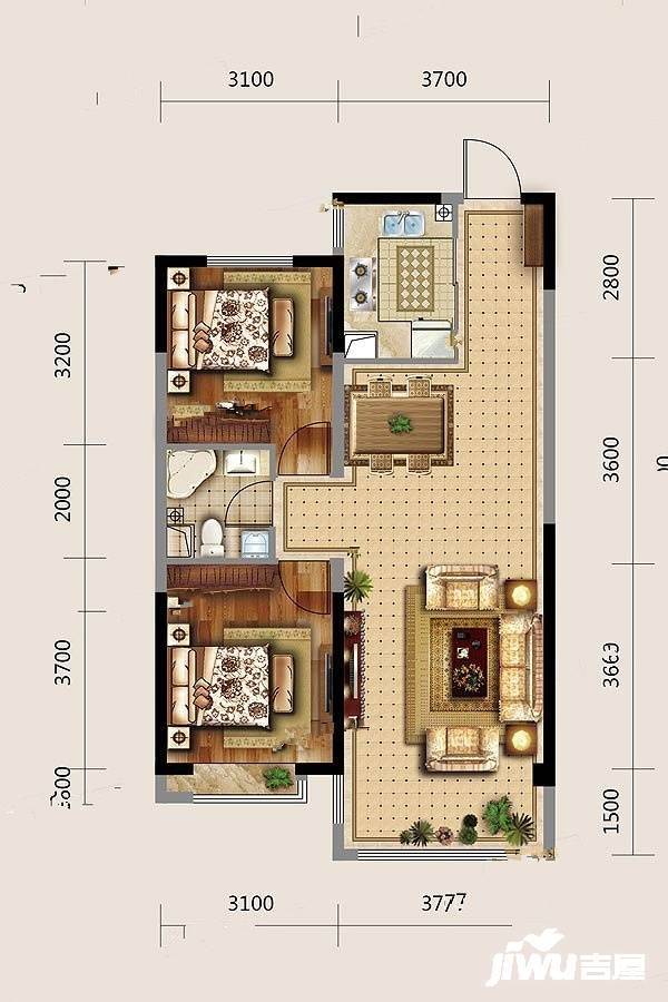 澳海南樾府2室2厅1卫88㎡户型图