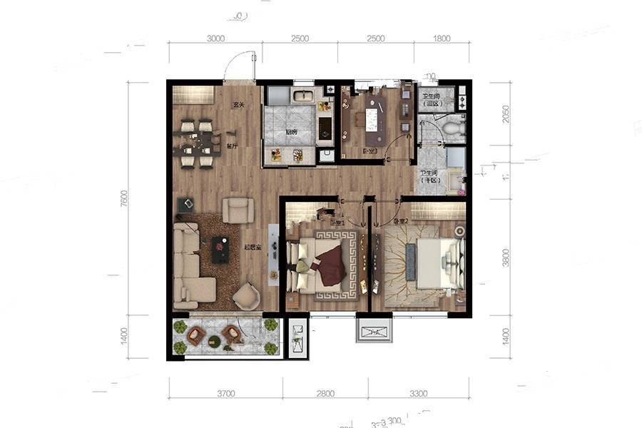 城建万科城3室2厅1卫105㎡户型图