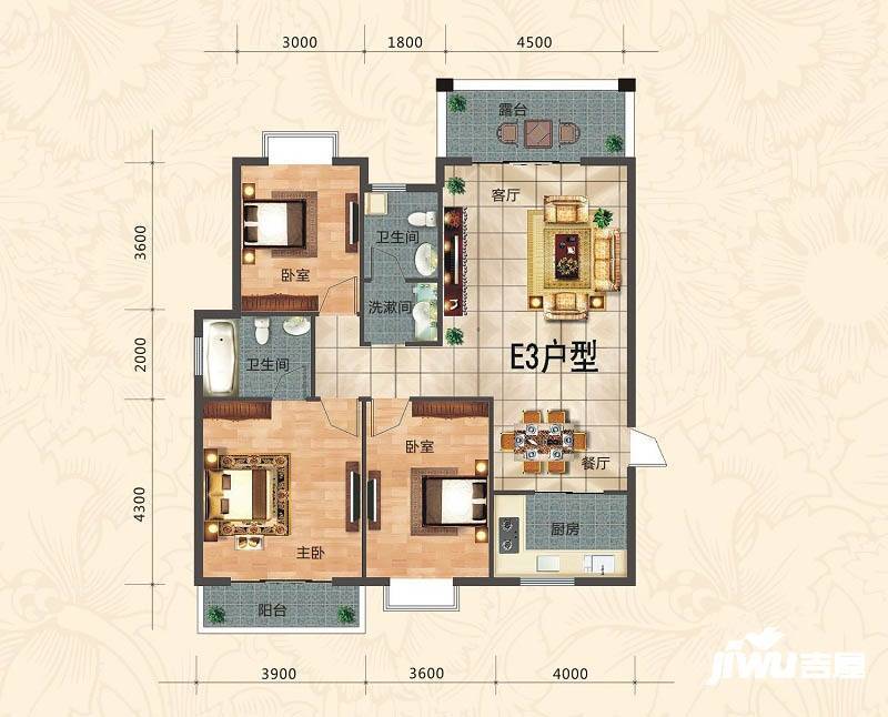 普锦左岸春天3室2厅2卫128.8㎡户型图