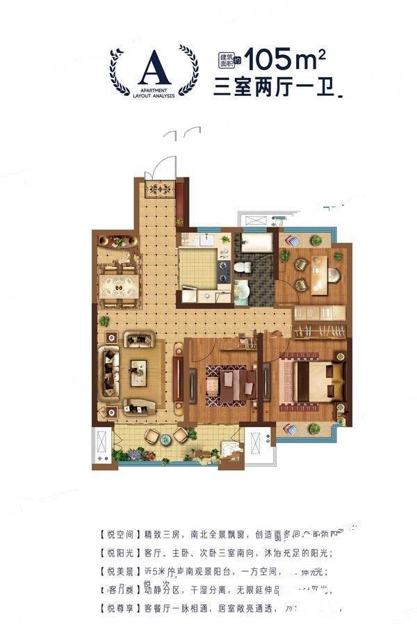 新城吾悦广场3室2厅1卫105㎡户型图