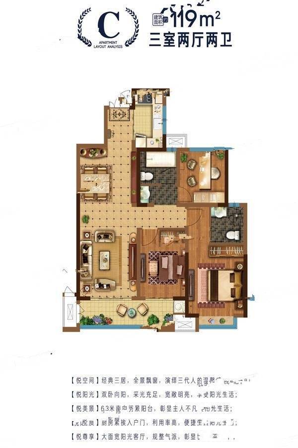 新城吾悦广场3室2厅2卫119㎡户型图