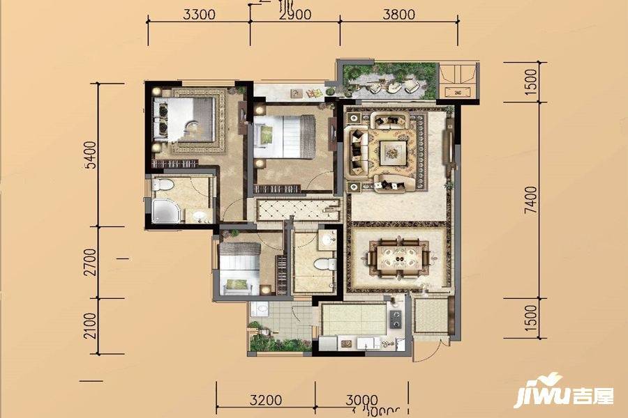 葛洲坝紫郡蘭园3室2厅2卫92㎡户型图