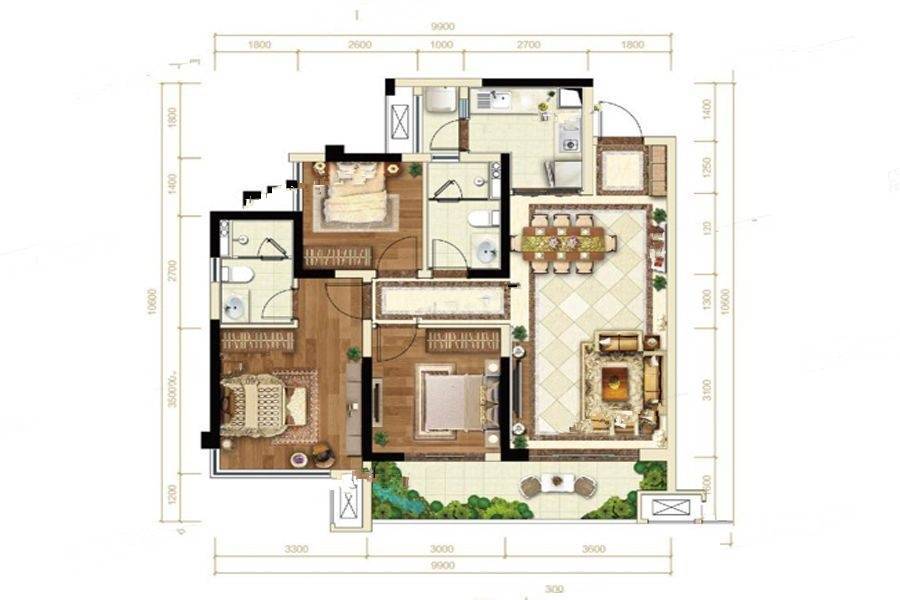 金科博翠天宸3室2厅2卫96.7㎡户型图