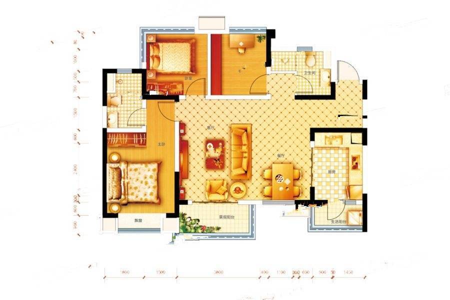 俊发滨河俊园3室2厅1卫104㎡户型图