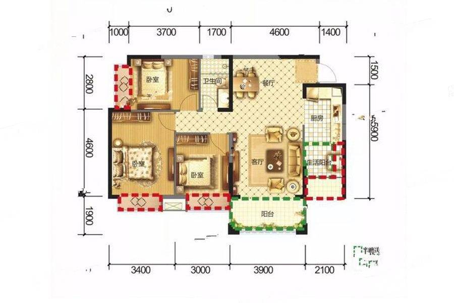 成都嘉和世纪城3室2厅1卫103.6㎡户型图