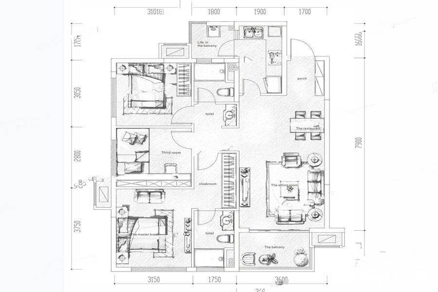 万科时光润园3室2厅2卫90㎡户型图